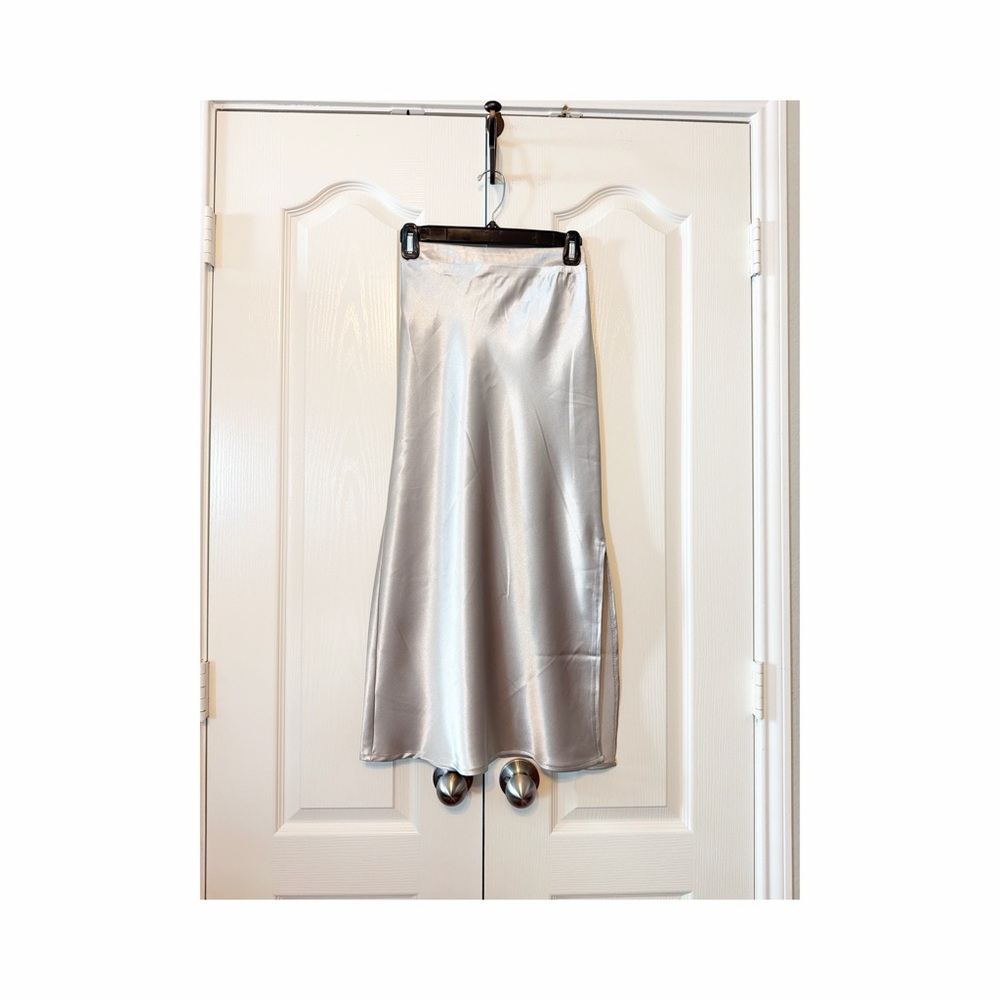 Pink Lily Satin Slit Maxi Shimmering Silver Skirt Size XS